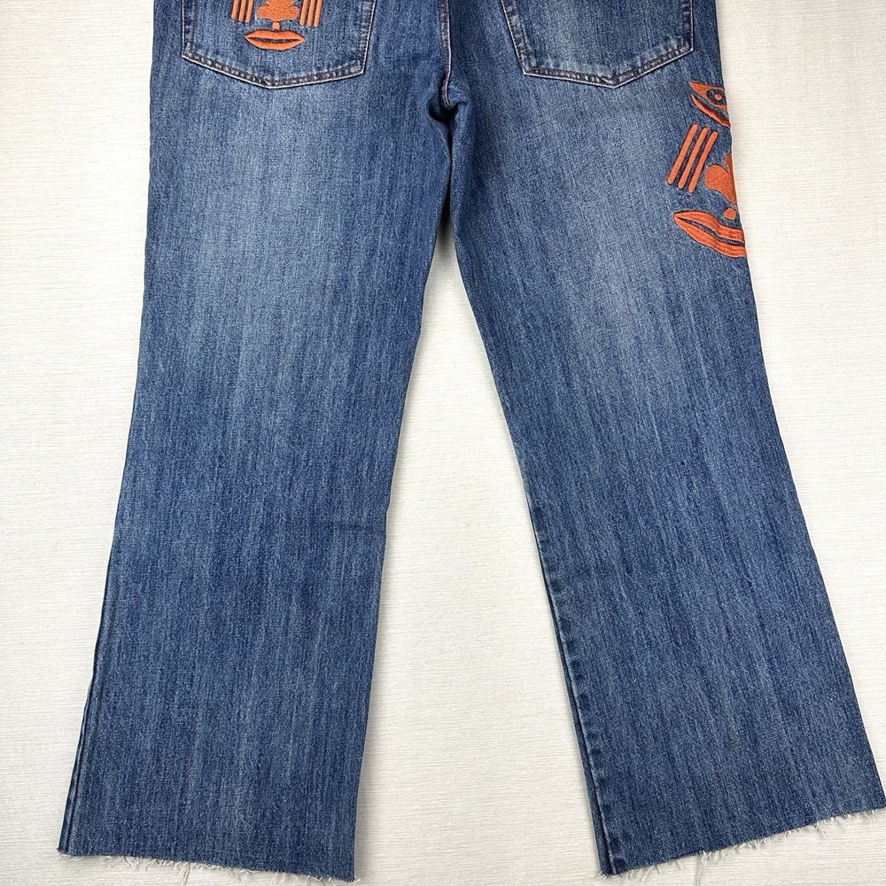 Moshood Denim Wide Leg Embroidered Jeans Raw Edge Cuff Men 39x29 Med Wash - Picture 9 of 13